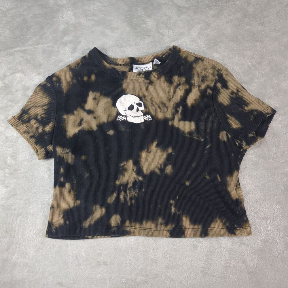 Mighty Fine Women Medium Crop Top Bleach Tie Dye Ribbed Skull Graphic Tee Grunge